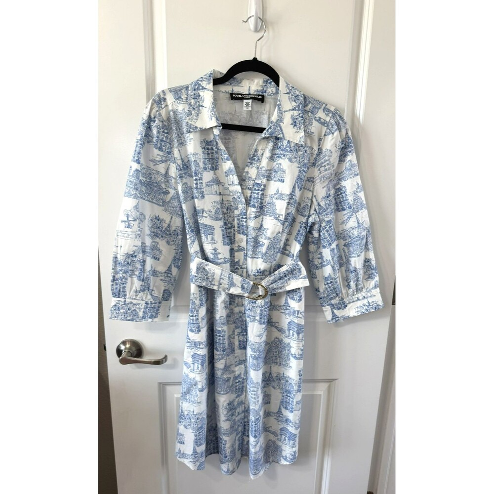 Karl Lagerfeld Paris Shirt Dress Womens 14 Landmark Toile Print Belted pop art